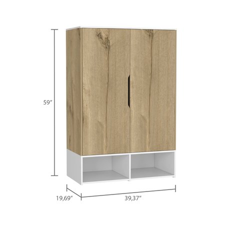 Tuhome Rosie Armoire, Two Open Shelves, Double Door, Five Shelves, Hanging Rod, Light Oak/White CDB7136